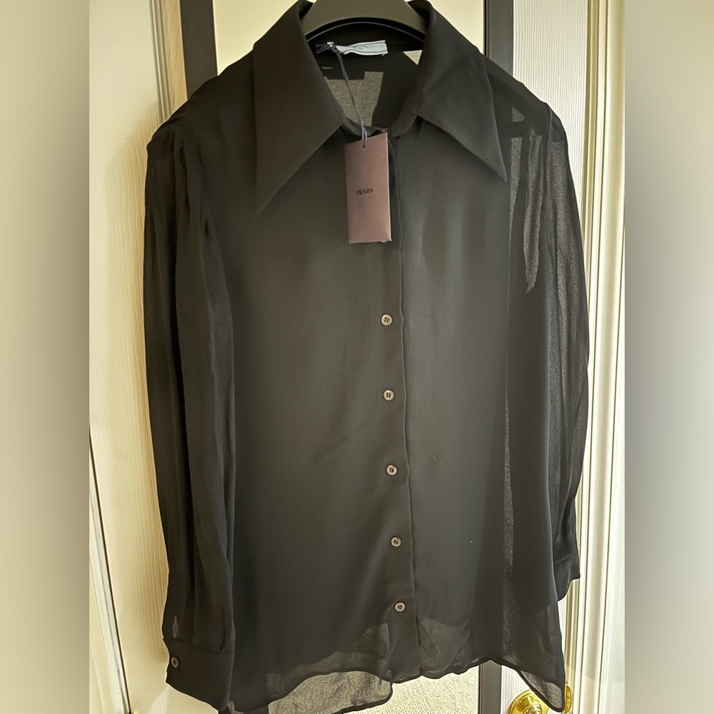 PRADA Never Worn Sheer Black Viscose Button-up Shirt Blouse. Made in Italy.